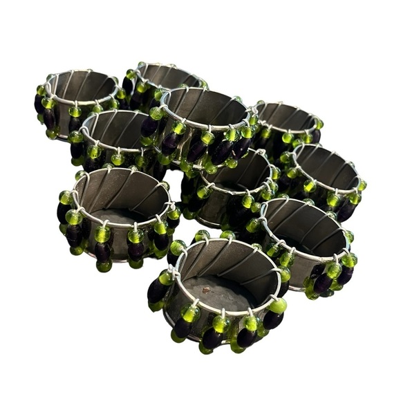 11 Handmade Purple Green Glass Beaded Chrome Oval Napkin Rings - Picture 5 of 6